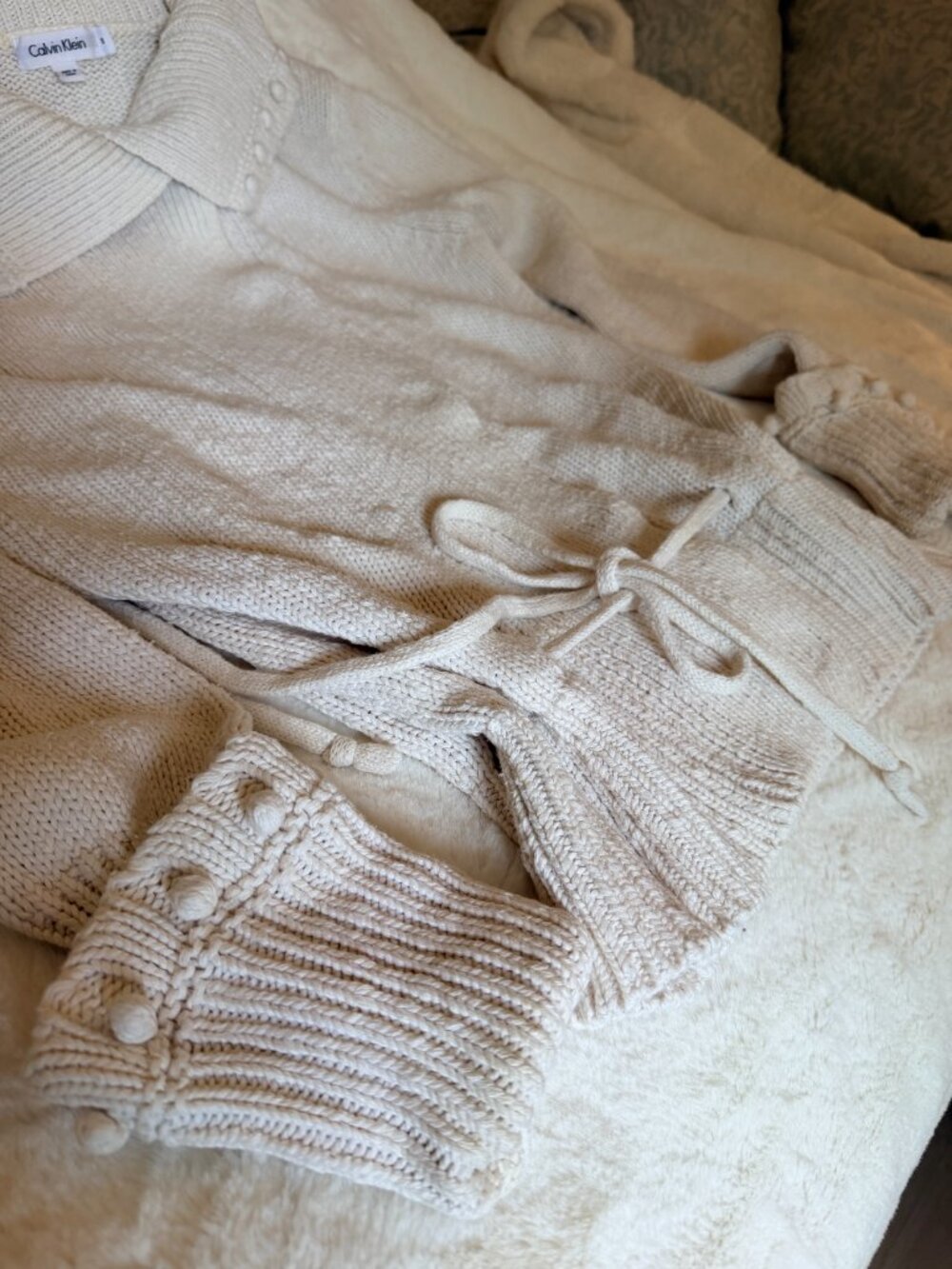 Calvin Klein Chunky Knit Tie-Front Cardigan Pom Pom Collar/cuffs Cream Small